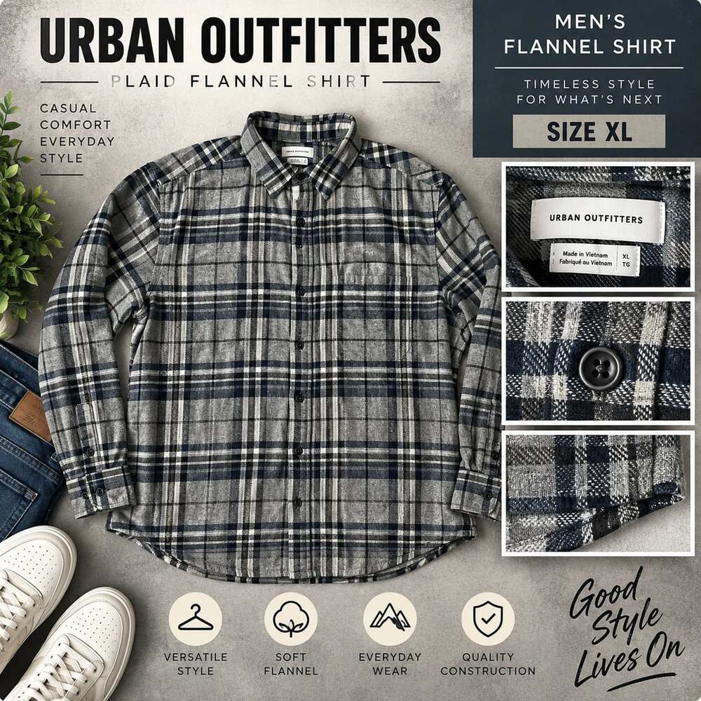 Urban Outfitters Plaid Flannel Shirt Size XL Gray Black Long Sleeve Button Up